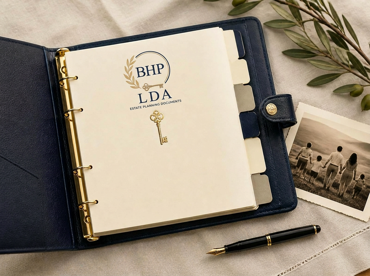 Estate planning binder with tabbed dividers and a family photograph